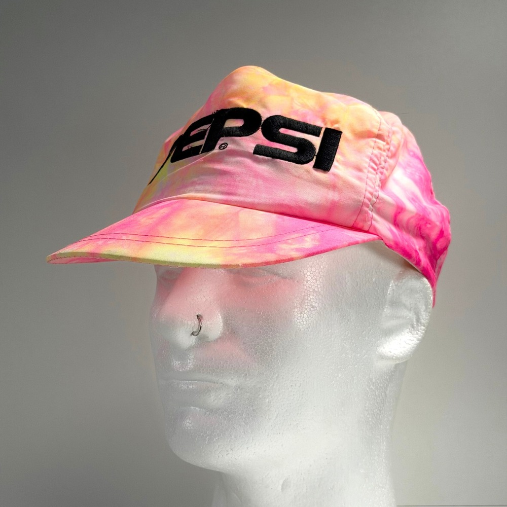 Vintage 80s PEPSI Snapback Trucker Hat Hot Pink Tie Dye Nylon Embroidered Logo‎